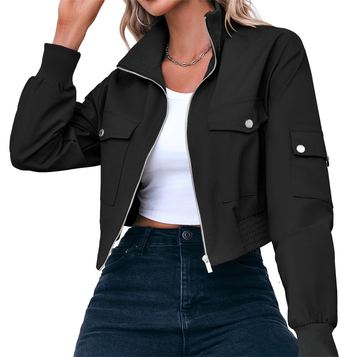 Perssia FlexAero Utility Bomber Women’s Cropped Lightweight Zip‑Up Stand Collar Jacket