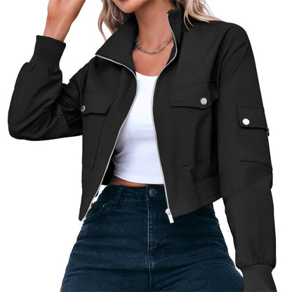 Perssia FlexAero Utility Bomber Women’s Cropped Lightweight Zip‑Up Stand Collar Jacket