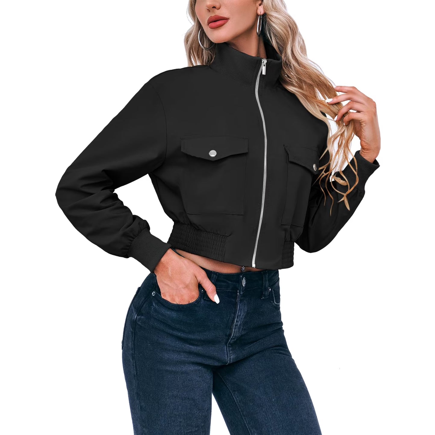 Perssia FlexAero Utility Bomber Women’s Cropped Lightweight Zip‑Up Stand Collar Jacket