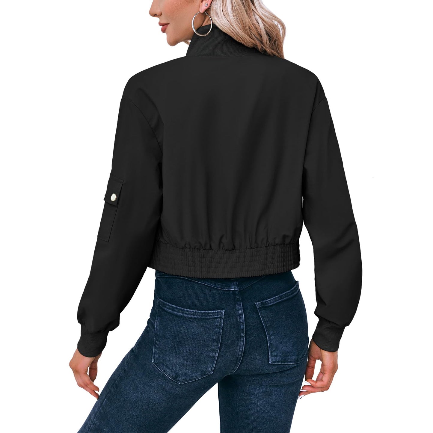 Perssia FlexAero Utility Bomber Women’s Cropped Lightweight Zip‑Up Stand Collar Jacket