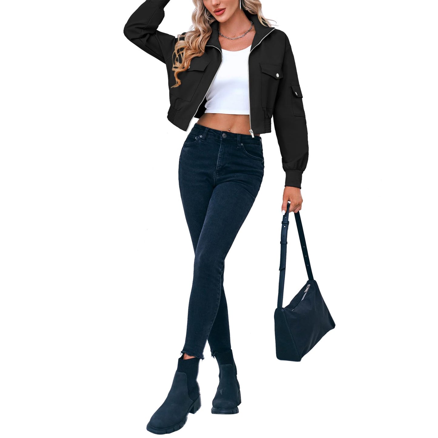 Perssia FlexAero Utility Bomber Women’s Cropped Lightweight Zip‑Up Stand Collar Jacket