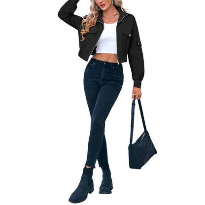 Perssia FlexAero Utility Bomber Women’s Cropped Lightweight Zip‑Up Stand Collar Jacket