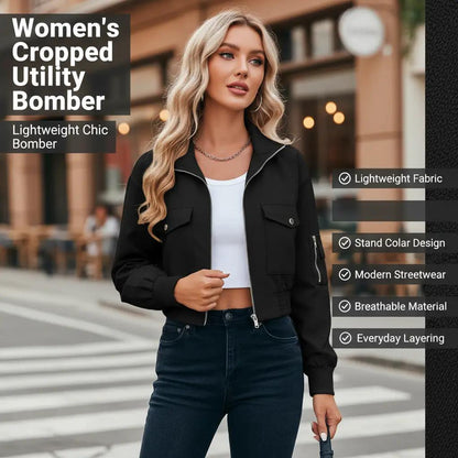 Perssia FlexAero Utility Bomber Women’s Cropped Lightweight Zip‑Up Stand Collar Jacket-US2D