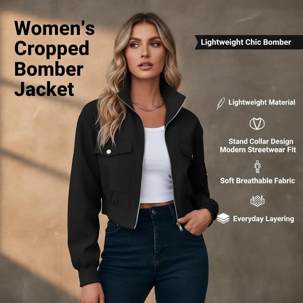 Perssia FlexAero Utility Bomber Women’s Cropped Lightweight Zip‑Up Stand Collar Jacket-US2D