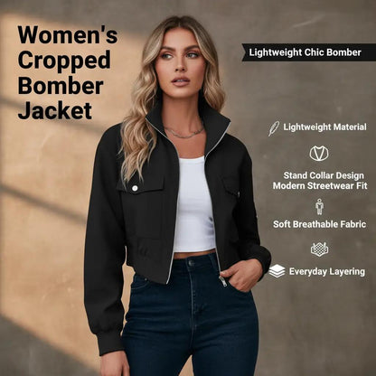 Perssia FlexAero Utility Bomber Women’s Cropped Lightweight Zip‑Up Stand Collar Jacket-US2D