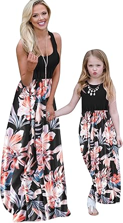Perssia ForeverBloom Mommy & Me Dress — Casual Floral Matching Summer Dress (Black, L)