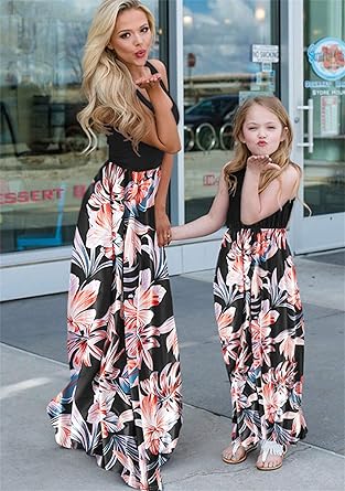 Perssia ForeverBloom Mommy & Me Dress — Casual Floral Matching Summer Dress (Black, L)