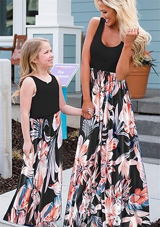 Perssia ForeverBloom Mommy & Me Dress — Casual Floral Matching Summer Dress (Black, L)