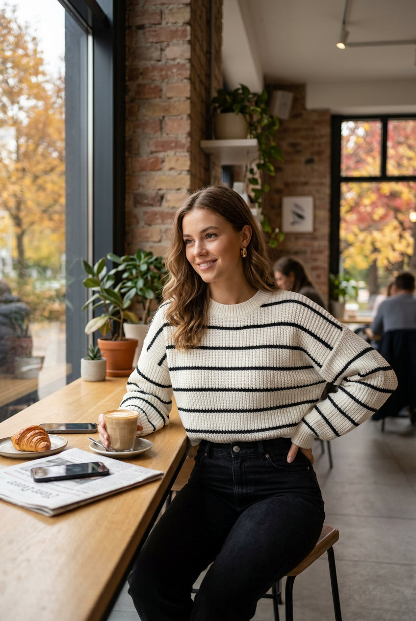 Woman wearing a black and white striped cropped knit sweater featuring a crew neckline, long sleeves, regular fit silhouette, and soft textured knit fabric.
