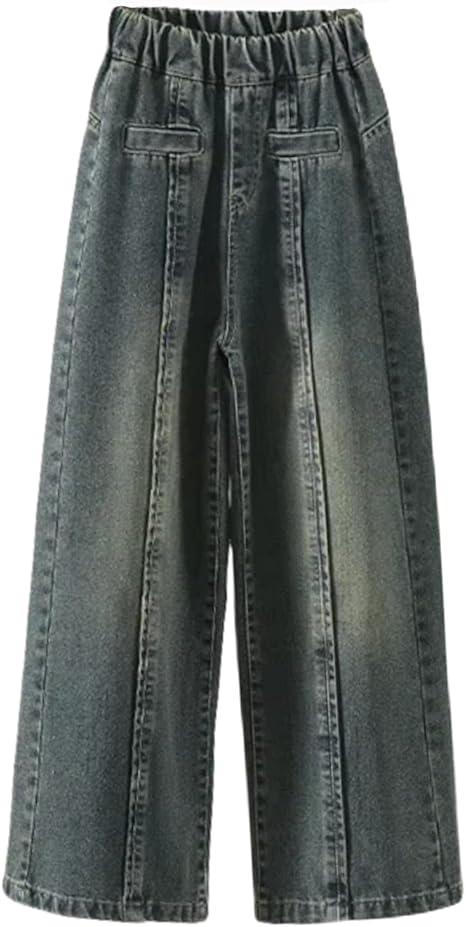 Perssia LittleTrend Girls Wide‑Leg Jeans- Elastic‑Waist Denim Pants (Blue, Ages 5–14)