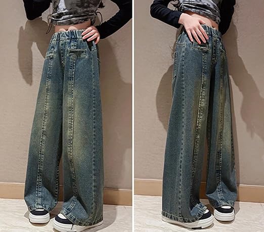 Perssia LittleTrend Girls Wide‑Leg Jeans- Elastic‑Waist Denim Pants (Blue, Ages 5–14)