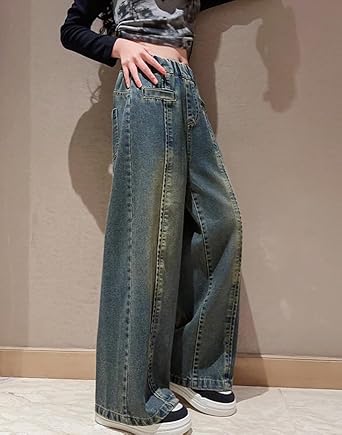 Perssia LittleTrend Girls Wide‑Leg Jeans- Elastic‑Waist Denim Pants (Blue, Ages 5–14)