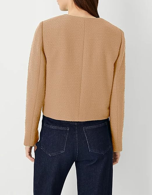 Perssia LuxeTweed Cropped Blazer — 2024 Old‑Money Collarless Jacket (Khaki)