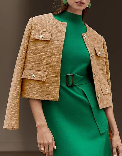 Perssia LuxeTweed Cropped Blazer — 2024 Old‑Money Collarless Jacket (Khaki)