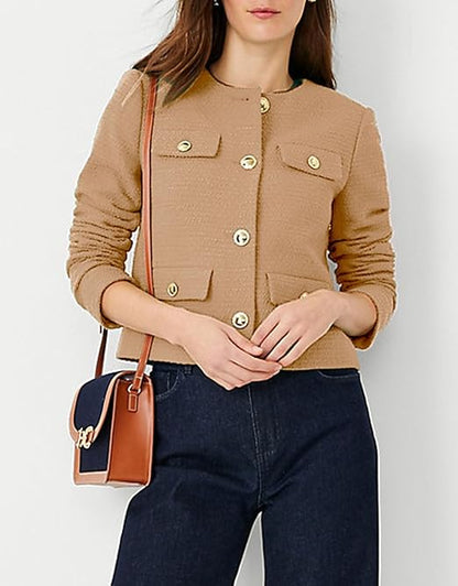 Perssia LuxeTweed Cropped Blazer — 2024 Old‑Money Collarless Jacket (Khaki)