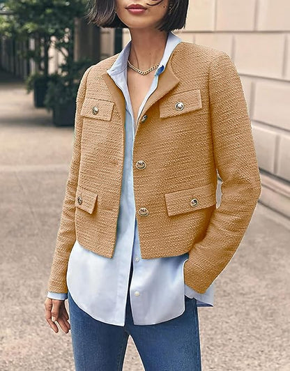 Perssia LuxeTweed Cropped Blazer — 2024 Old‑Money Collarless Jacket (Khaki)