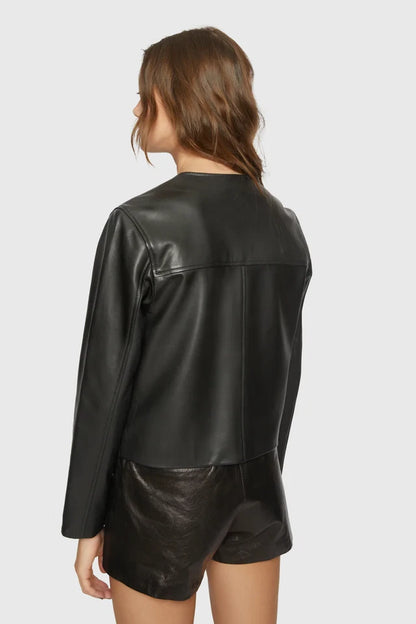 Perssia MotoCharm Cropped Faux Leather Jacket — Button‑Down Biker Coat with Chest Pockets