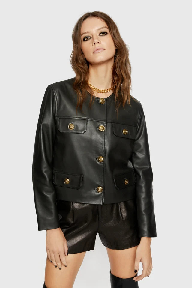 Perssia MotoCharm Cropped Faux Leather Jacket — Button‑Down Biker Coat with Chest Pockets