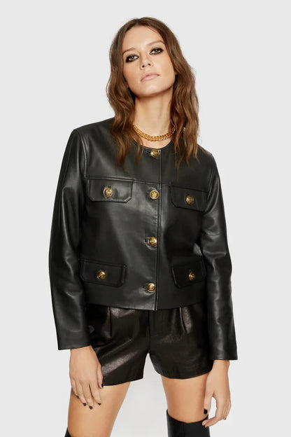 Perssia MotoCharm Cropped Faux Leather Jacket — Button‑Down Biker Coat with Chest Pockets