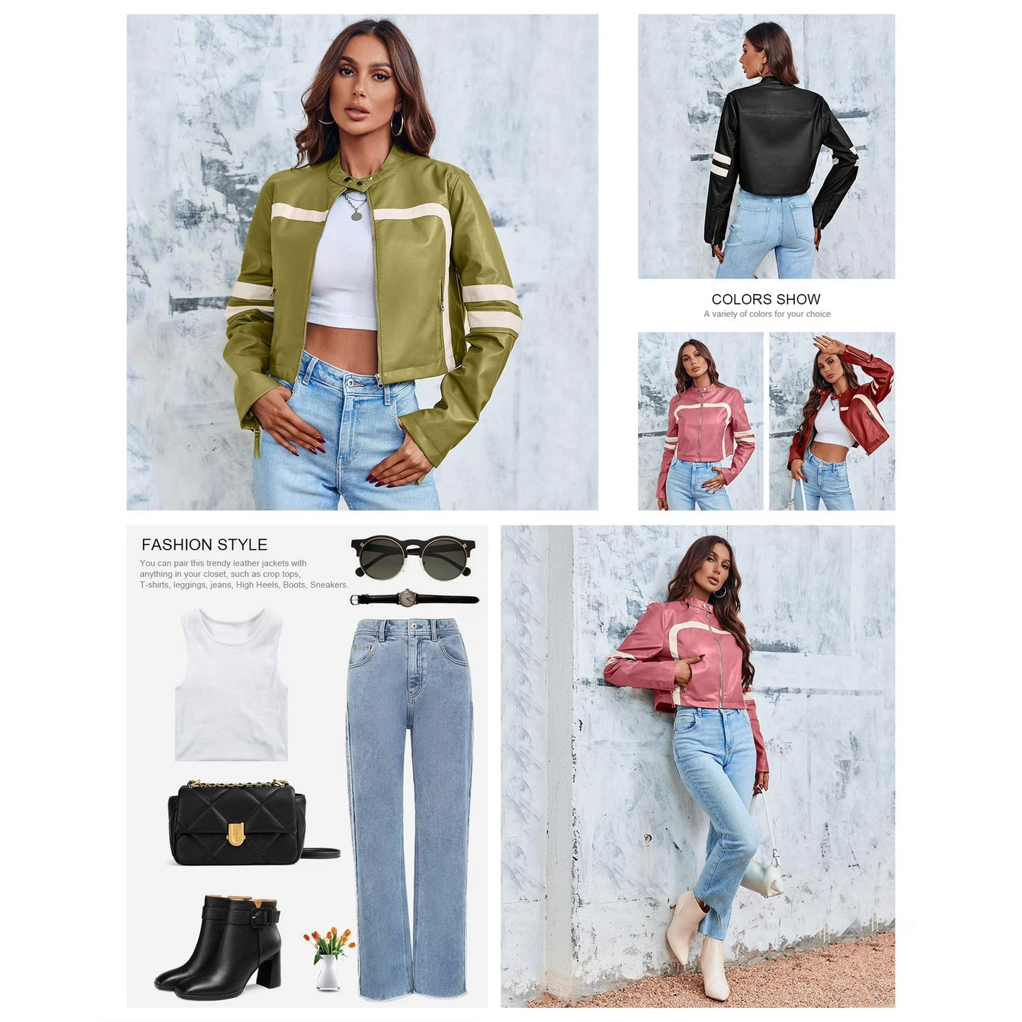 Perssia MotoLuxe™ Faux Leather Jacket-Cropped Faux Leather Jacket — Stand Collar Zip‑Up Moto Coat