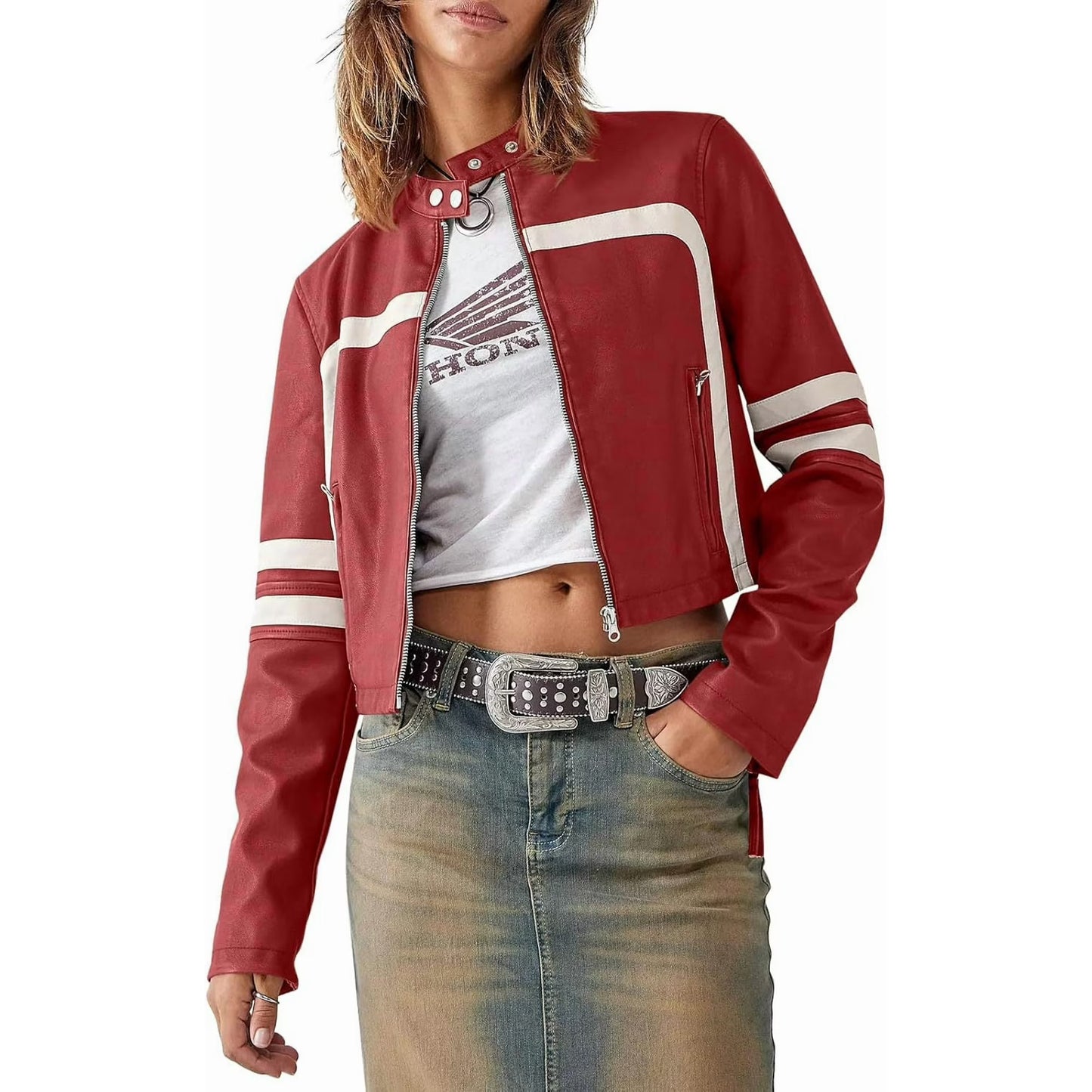 Perssia MotoLuxe™ Faux Leather Jacket-Cropped Faux Leather Jacket — Stand Collar Zip‑Up Moto Coat