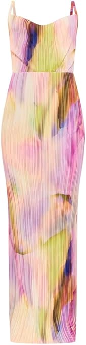 Perssia PlisséPetal Maxi Dress Floral Plissé — Pink (M) Strap‑Shoulder Pleated A‑Line Dress
