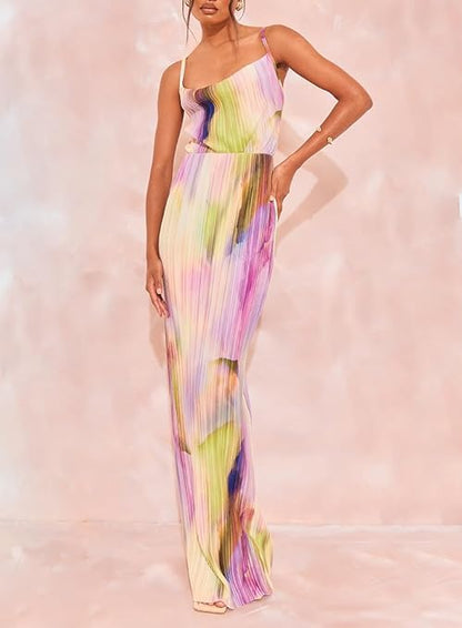 Perssia PlisséPetal Maxi Dress Floral Plissé — Pink (M) Strap‑Shoulder Pleated A‑Line Dress