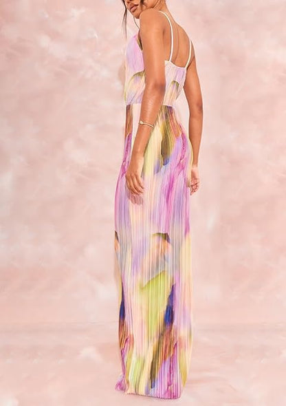 Perssia PlisséPetal Maxi Dress Floral Plissé — Pink (M) Strap‑Shoulder Pleated A‑Line Dress