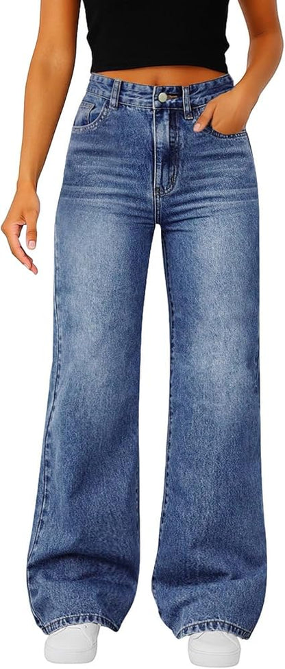 Perssia RetroFlex Wide‑Leg Jeans High Waisted Stretchy Denim Trouser Pants (Blue Small)