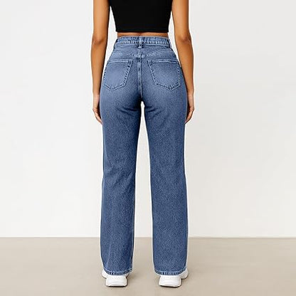 Perssia RetroFlex Wide‑Leg Jeans High Waisted Stretchy Denim Trouser Pants (Blue Small)