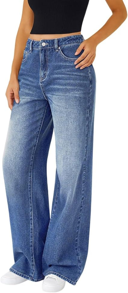 Perssia RetroFlex Wide‑Leg Jeans High Waisted Stretchy Denim Trouser Pants (Blue Small)