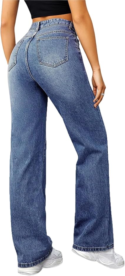 Perssia RetroFlex Wide‑Leg Jeans High Waisted Stretchy Denim Trouser Pants (Blue Small)