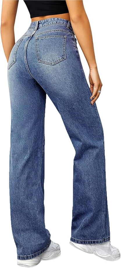 Perssia RetroFlex Wide‑Leg Jeans High Waisted Stretchy Denim Trouser Pants (Blue Small)