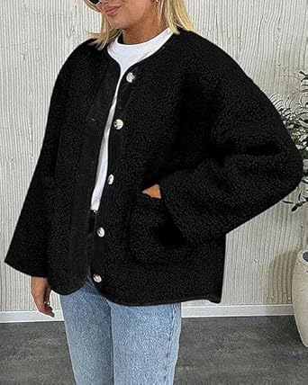 Perssia SherpaLuxe Women Fuzzy Winter Coat — Soft Button‑Up Warm Fleece Jacket (Black)