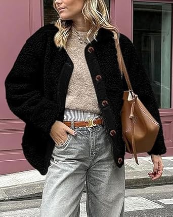 Perssia SherpaLuxe Women Fuzzy Winter Coat — Soft Button‑Up Warm Fleece Jacket (Black)
