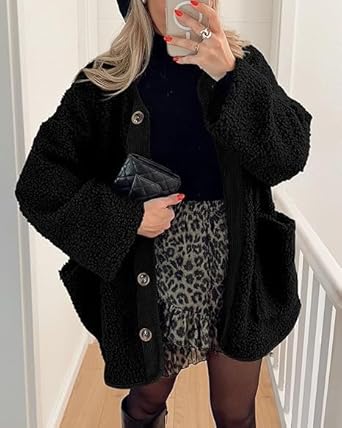 Perssia SherpaLuxe Women Fuzzy Winter Coat — Soft Button‑Up Warm Fleece Jacket (Black)