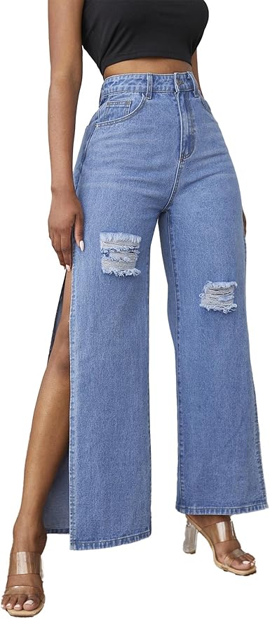 Perssia SlitCurve Wide‑Leg Jeans — High‑Waisted Ripped Distressed Side‑Slit Denim (S–3XL)
