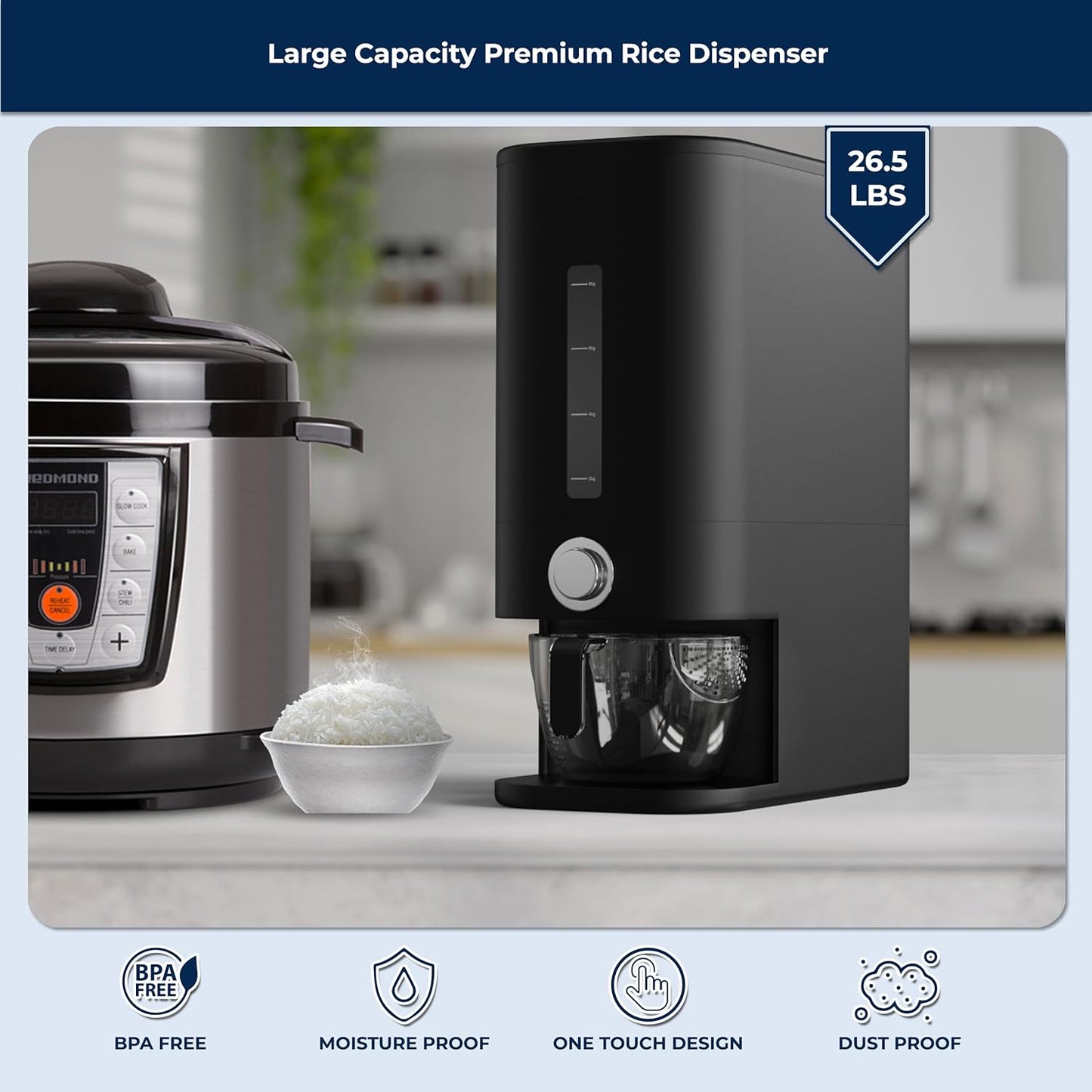Perssia SmartDispense Rice Container 25LB — Airtight Grain Storage with Measuring Cup