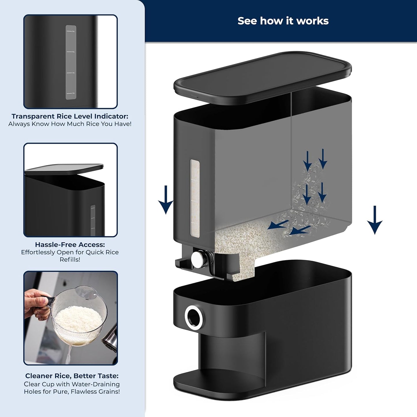 Perssia SmartDispense Rice Container 25LB — Airtight Grain Storage with Measuring Cup