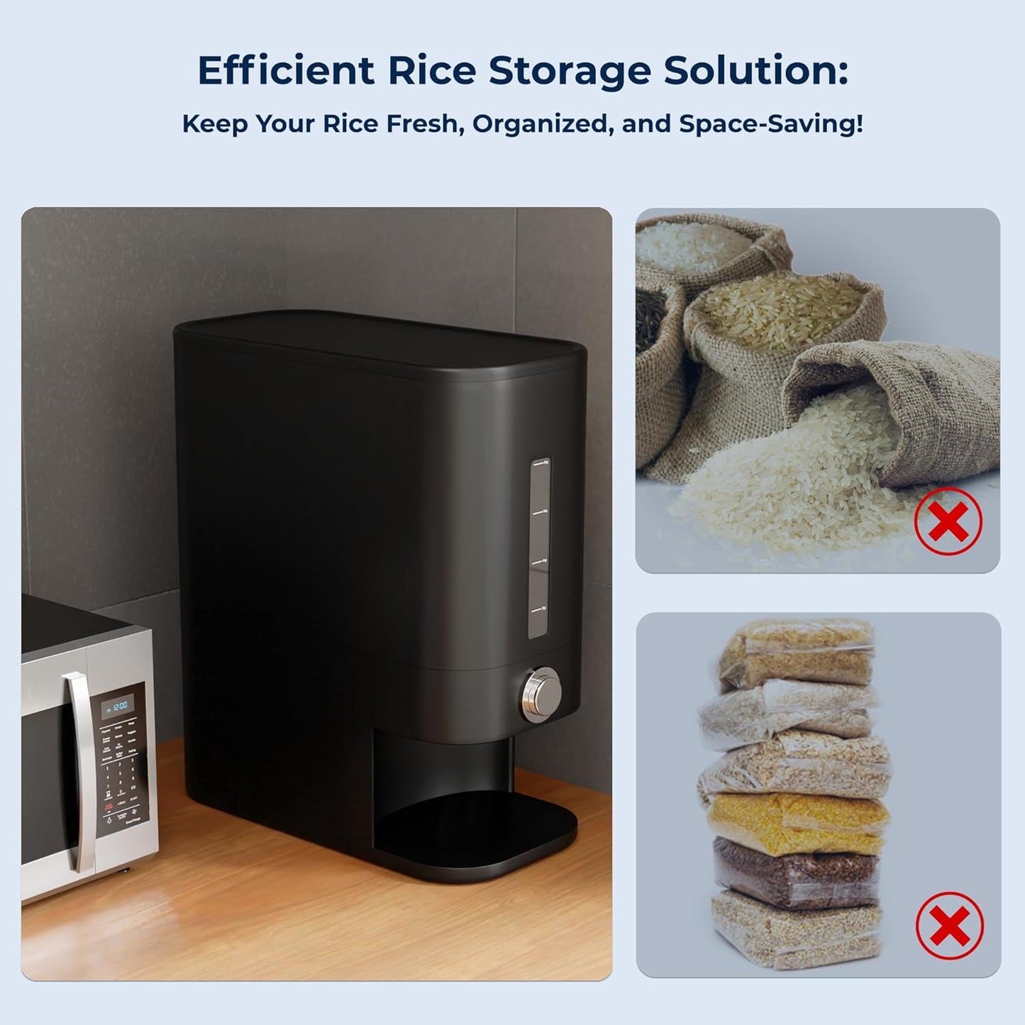 Perssia SmartDispense Rice Container 25LB — Airtight Grain Storage with Measuring Cup