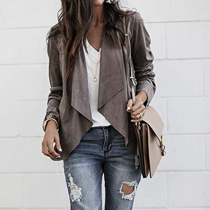 Perssia SuedeFlow Cropped Waterfall Jacket — 2024 Faux Suede Fall Coat (Grey)