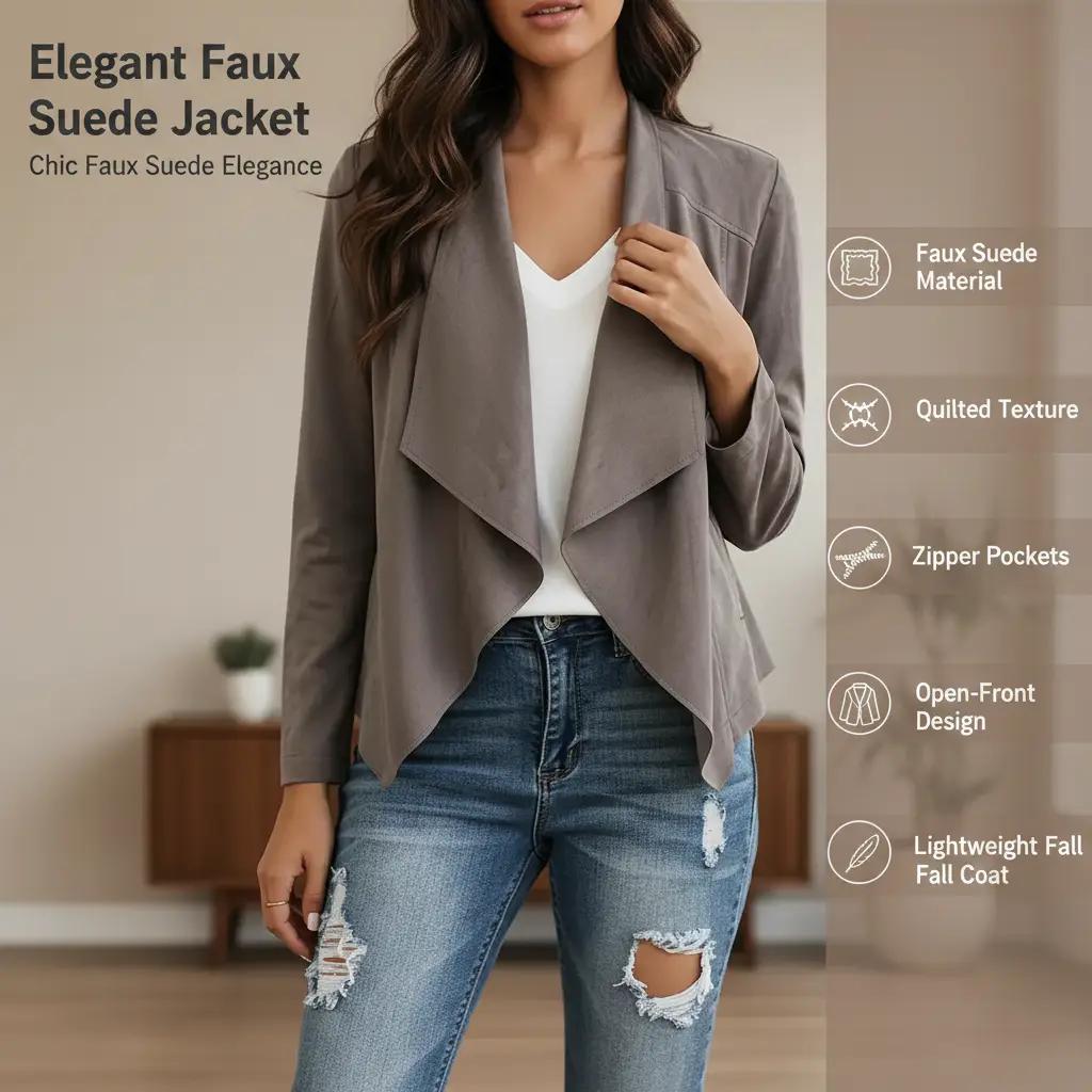 Perssia SuedeFlow Cropped Waterfall Jacket — 2024 Faux Suede Fall Coat (Grey)-US2D