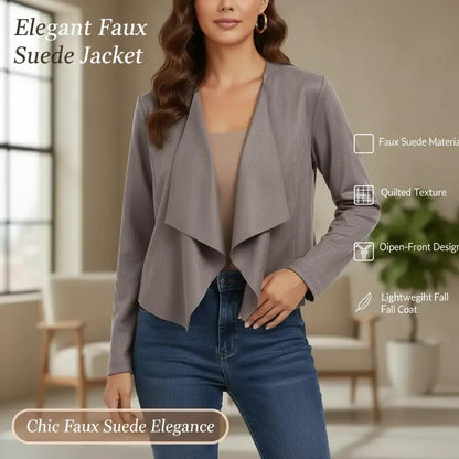 Perssia SuedeFlow Cropped Waterfall Jacket — 2024 Faux Suede Fall Coat (Grey)-US2D