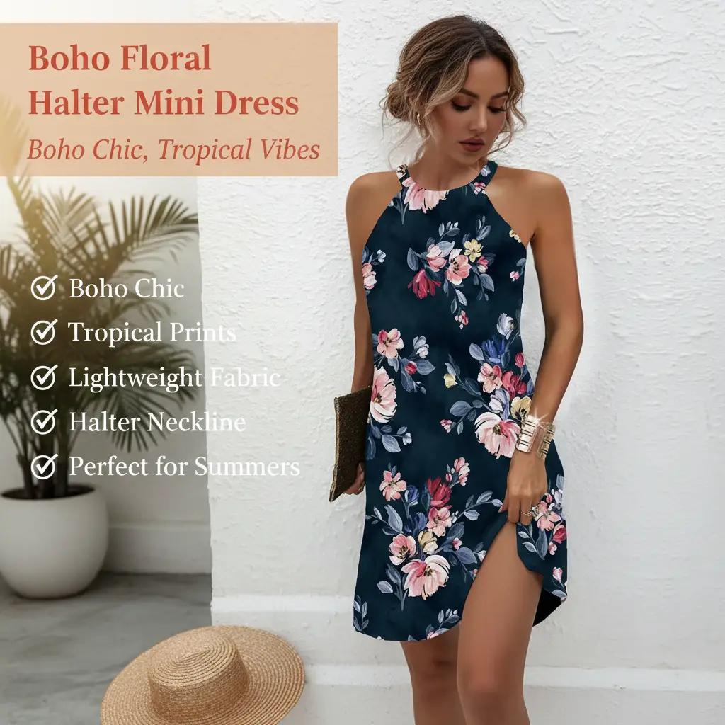 Perssia TropicBloom Halter Mini Dress — Boho Floral Summer Dress-US2D