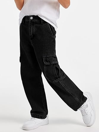 Perssia UrbanRider Boys Cargo Jeans — Elastic‑Waist Wide‑Leg Denim (Black, 5–14 Years)