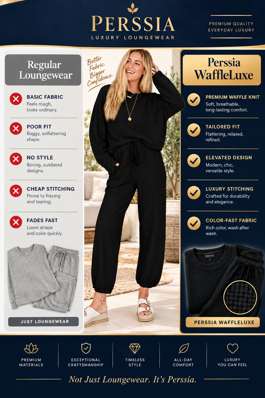 Perssia WaffleLuxe™ Lounge Set — Two‑Piece Crewneck Top & Loose Pants (Black | Medium)