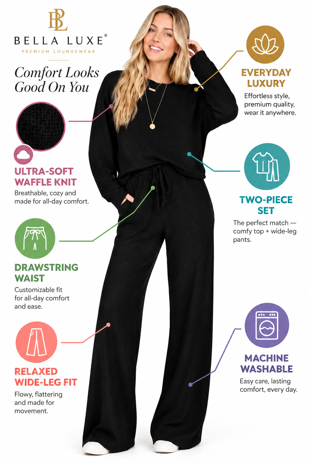Woman wearing a black waffle knit two-piece lounge set featuring a relaxed long sleeve top, drawstring waist wide-leg pants, soft textured fabric, and comfortable everyday styling. Selling points