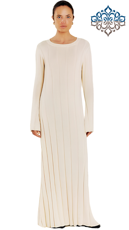 Saodimallsu Ribbed Knit Sweater Dress – Beige, Long Sleeve, Ribbed Midi Knit -US2D