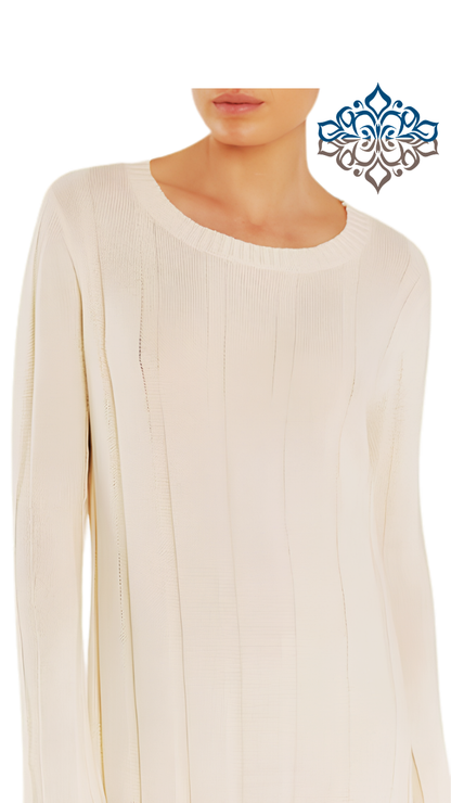 Saodimallsu Ribbed Knit Sweater Dress – Beige, Long Sleeve, Ribbed Midi Knit -US2D