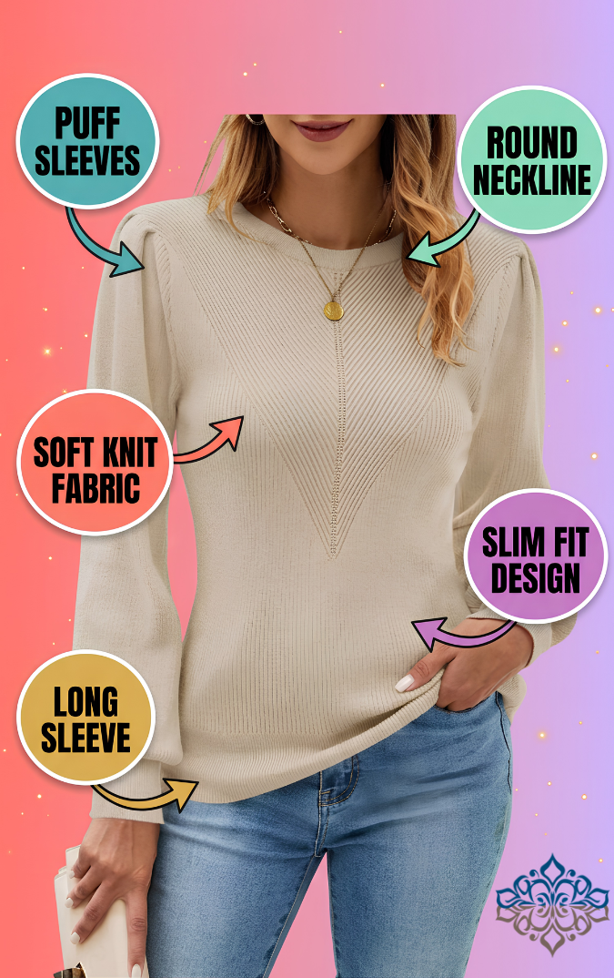 FEKOAFE Puff Sleeve Slim Fit Sweater – Apricot, Crew Neck, Stretch Knit, L‑US2D